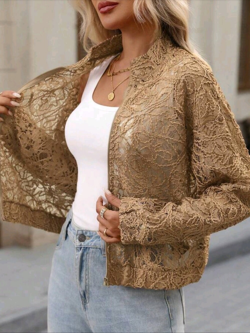 Women's Lace Overlay Zip-Up Jacket - Camel - Picture 8 of 9